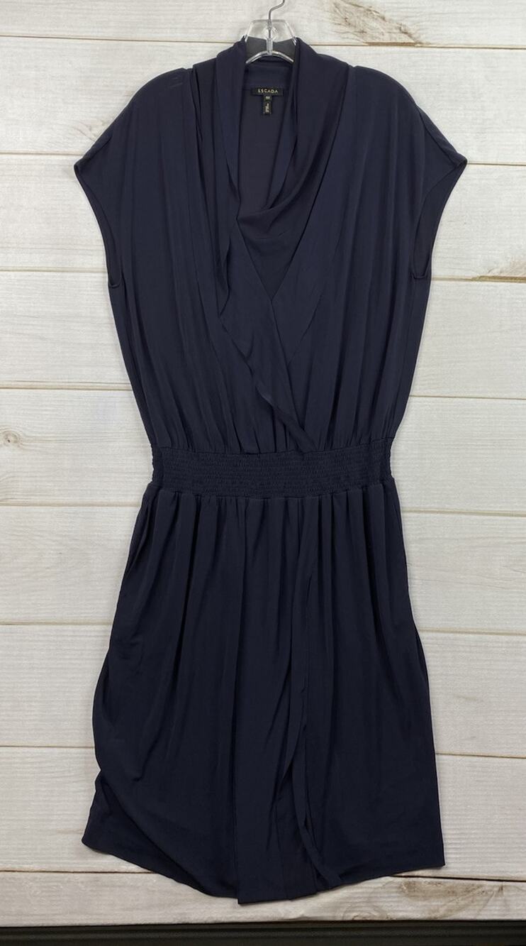ESCADA Dress 40 US 10 Navy Blue Cap Sleeve Smocked Drop Waist Stretch Raw Hem